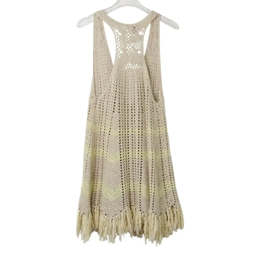 Free People Macrame Beige Crochet Vest With Tassel Fringe Extra Small XS Boho